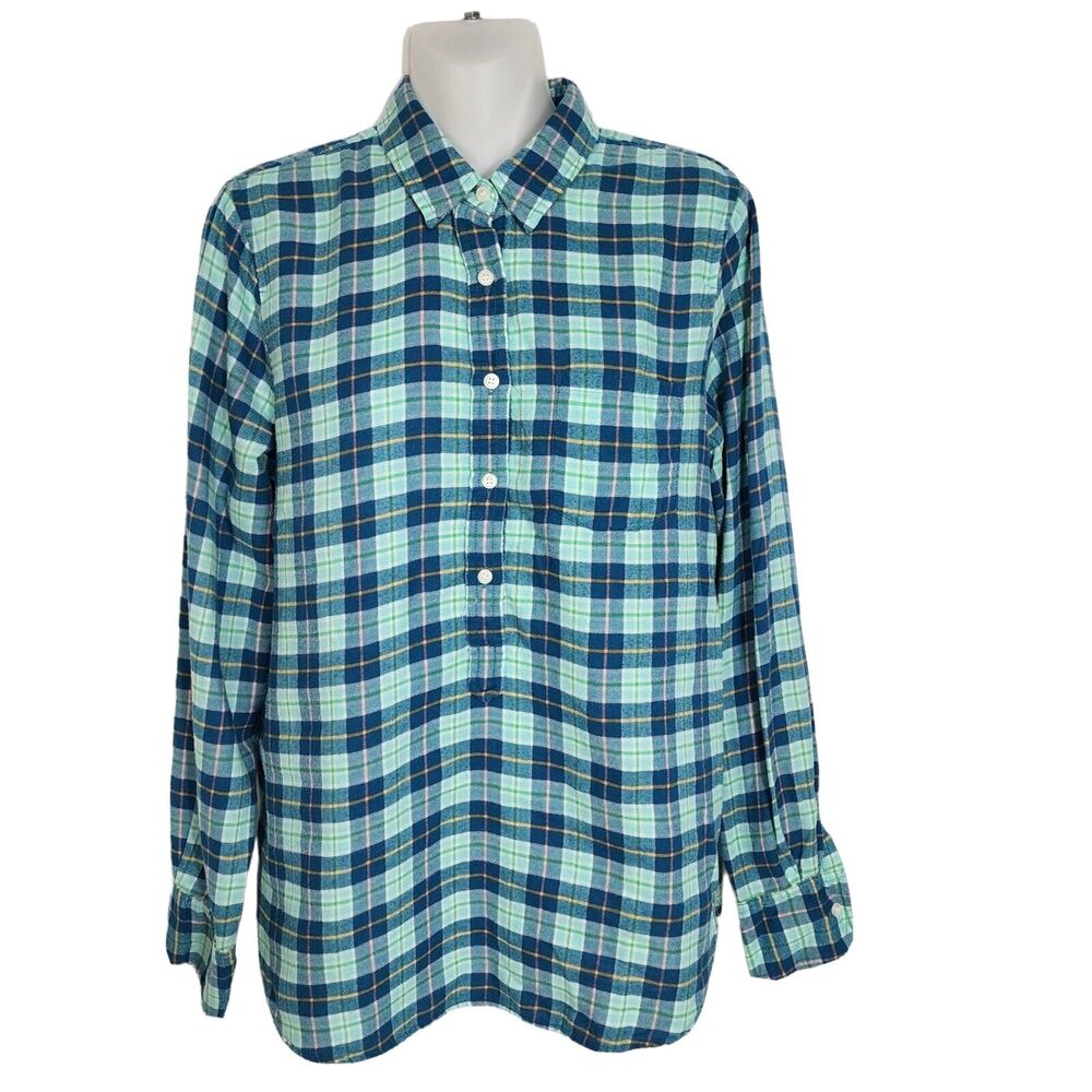 J. Crew Shirt Women Small Green Plaid Flannel Henley Cotton Popover Collared Top